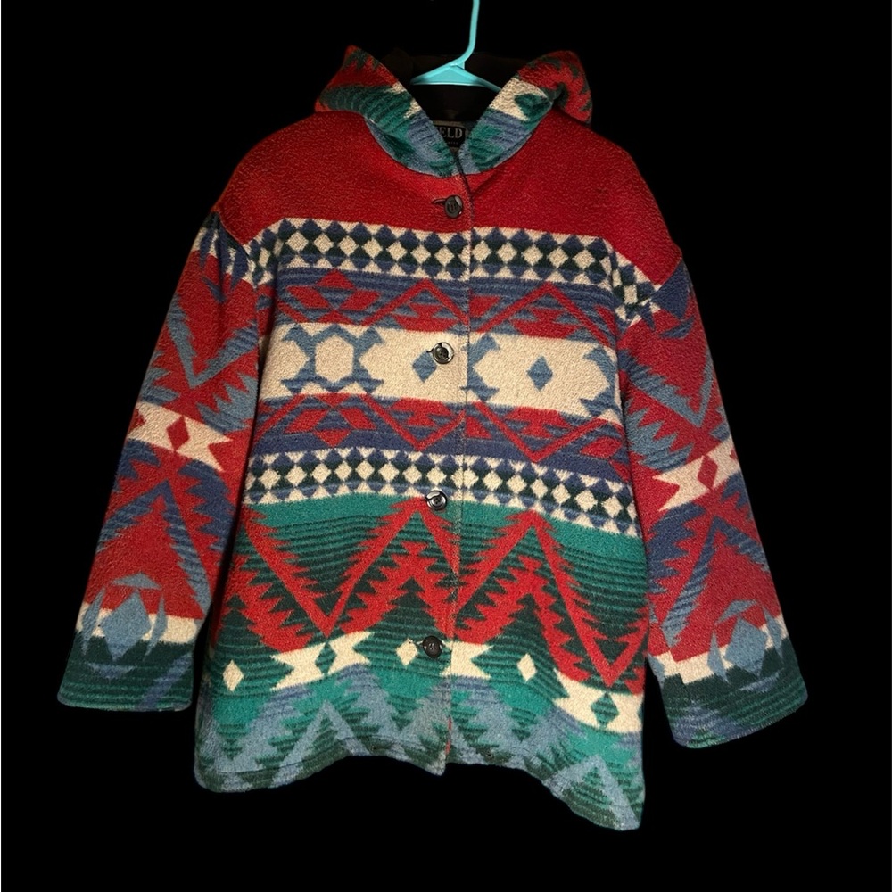 Vintage JOFELD Southwestern Boho Multicolor Wool Blend Hooded Coat Size Large